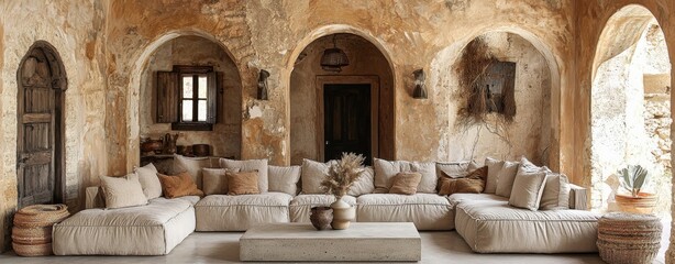 Luxurious Beige Modular Sofa in Rustic Mediterranean Interior