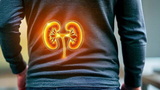Person experiencing kidney pain,illuminated kidneys graphic torso.Individual grasping side sharp.display human glowing.Highlighted organs suggest medical attention.Health-awareness,management.