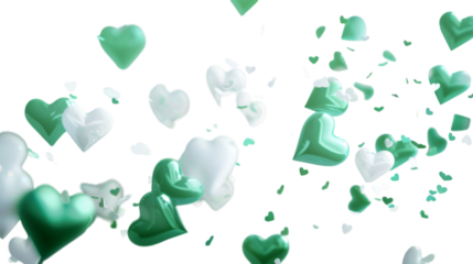 White and green hearts flying in the air with holographic shine isolated on a white background