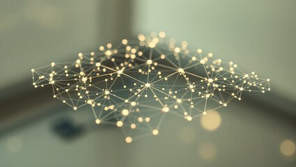 A floating grid of glowing, interconnected lines and nodes, representing a neural network, with a blurred gradient background