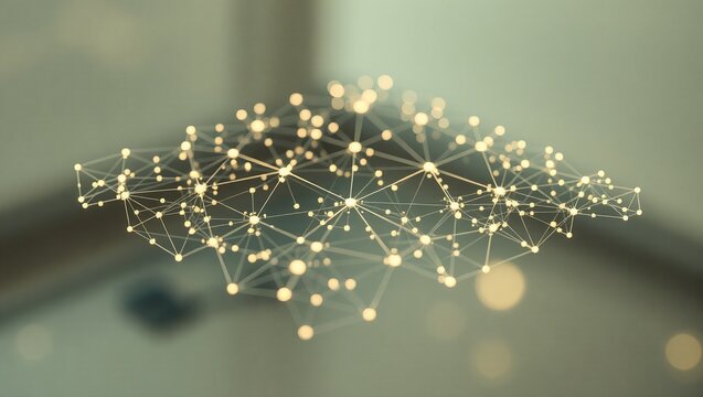 A floating grid of glowing, interconnected lines and nodes, representing a neural network, with a blurred gradient background