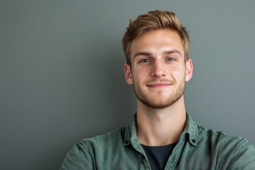 Fototapeta premium Confident Young Man Smiling Against a Neutral Background in Casual Attire