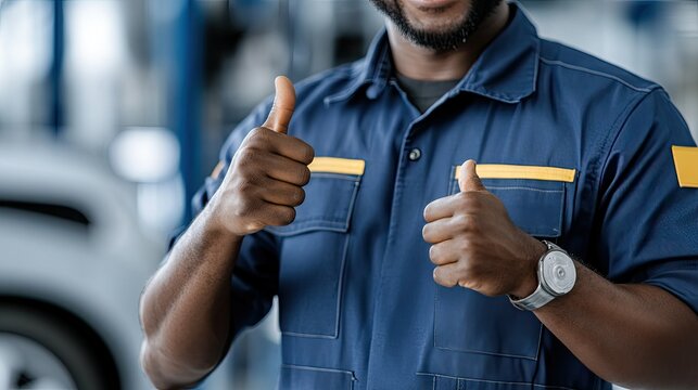Skilled mechanic showing thumbs up in a workshop while addressing a successful repair during the day