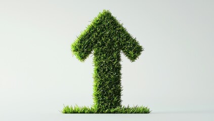 Green grass-made 3D arrow pointing upwards, isolated on white.