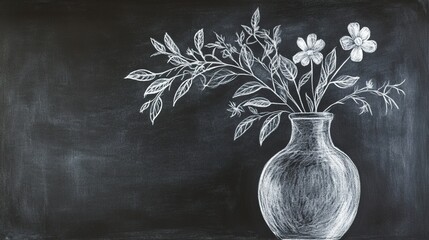 A flower vase drawn with white chalk on a black background, with delicate curves and lines.