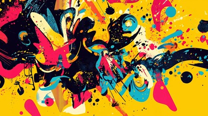 Abstract Vibrant Splash Art Bold Yellow, Pink, Teal, and Black Paint Design