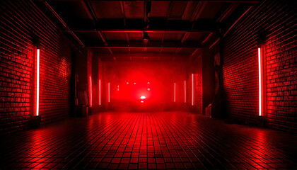 Dramatic red-lit brick corridor bathed in atmospheric smoke. Perfect for album art, event promotion, or mysterious themed projects.  Creates a moody, intense, and captivating visual.