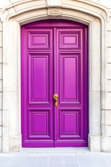 Historic door painted in rich plum with intricate golden hardware against a stone wall, showcasing timeless elegance and architectural beauty
