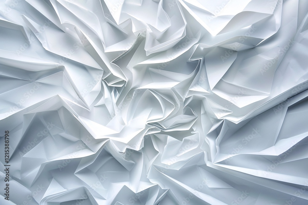 Poster white crumpled paper forming a chaotic and abstract texture, ideal for backgrounds