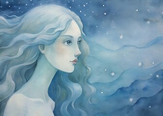 Ethereal Blue Haired Portrait Mystical Woman Dreamy Sky Whispers Stars Serenity