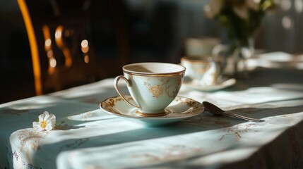 Sunlight spills over a delicate teacup on a floral-clothed table, creating an inviting scene of elegance and tranquility.