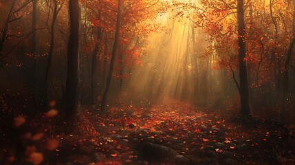 Obraz premium A serene autumn landscape with golden and red leaves covering a quiet forest floor under soft light