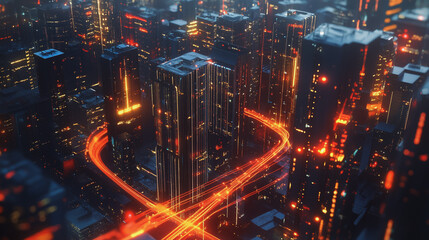 Fototapeta premium Smart digital Innovation city with connection network reciprocity over the twilight cityscape. of future smart wireless digital city and social media networking systems that connects people with city