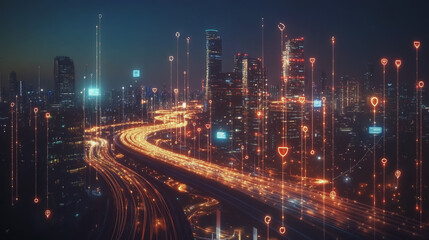 Fototapeta premium Smart digital Innovation city with connection network reciprocity over the twilight cityscape. of future smart wireless digital city and social media networking systems that connects people with city