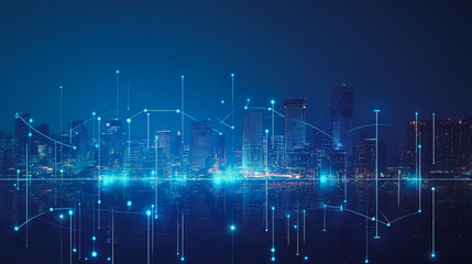 Fototapeta premium Smart digital Innovation city with connection network reciprocity over the twilight cityscape. of future smart wireless digital city and social media networking systems that connects people with city