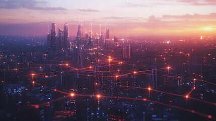 Fototapeta premium Smart digital Innovation city with connection network reciprocity over the twilight cityscape. of future smart wireless digital city and social media networking systems that connects people with city 