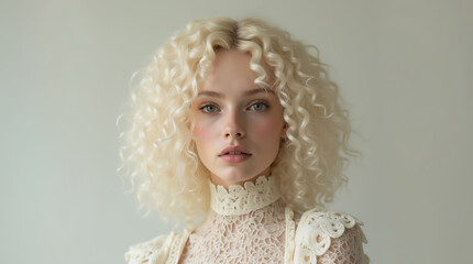 Person with Platinum Blonde Hair in a Lace Top Against a Plain Light Background