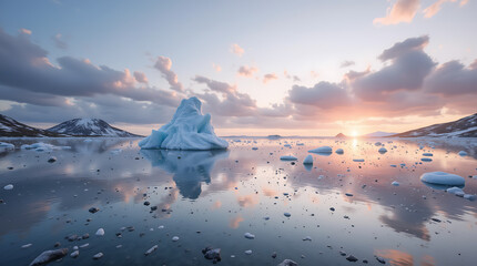Serene Arctic Scene with Icebergs Floating in Calm Waters and a Reflective Sunset
