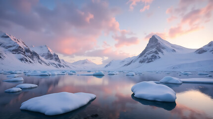 Tranquil Winter Landscape with Snow-Covered Mountains and Icebergs Floating in Calm Waters