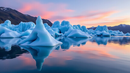 Winter Landscape with Twilight Sky and Large Icebergs in Calm Waters