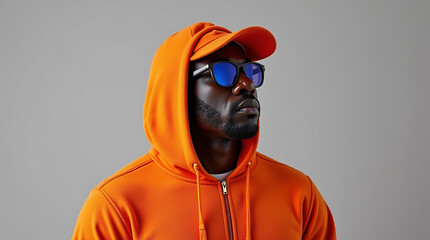 Person in Bright Orange Hoodie and Cap with Blue-Tinted Sunglasses