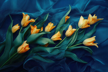 Fototapeta premium Delicate yellow tulips are artfully arranged atop soft, textured blue fabric, providing a beautiful contrast between vibrant blooms and serene backdrop.