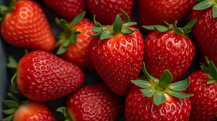 Close-Up of Ripe Strawberries with Green Leaves on a Tray