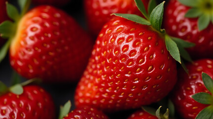 Fresh Strawberries with Green Leaves on a Dark Background