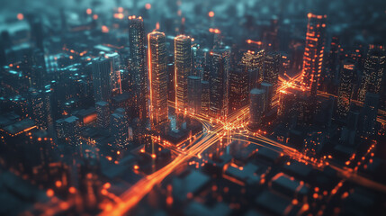 Obraz premium Smart digital Innovation city with connection network reciprocity over the twilight cityscape. of future smart wireless digital city and social media networking systems that connects people with city 