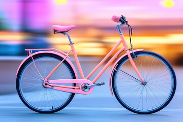 Fototapeta premium Bright pink bicycle stands still against a vibrant blurred city backdrop