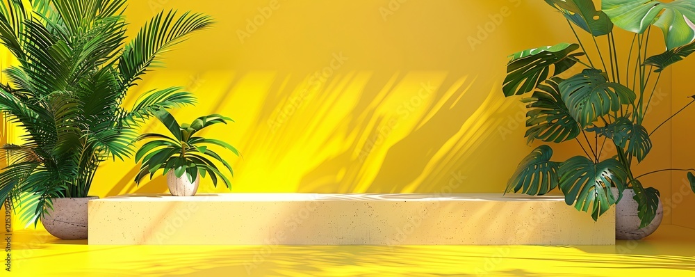 Poster Empty concrete stage displaying product with tropical plants and leaves casting shadows on yellow background