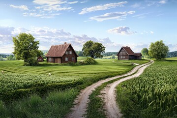 Obraz premium Serene Rural Countryside Scene Featuring Lush Green Fields, Traditional Wooden Houses, and a Winding Dirt Path Under a Bright Blue Sky