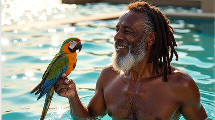 An elderly man with a white beard enjoys a tropical poolside moment with a parrot perched on his hand, showcasing connection with nature. Concept of wildlife, vacation relaxation, and elder care