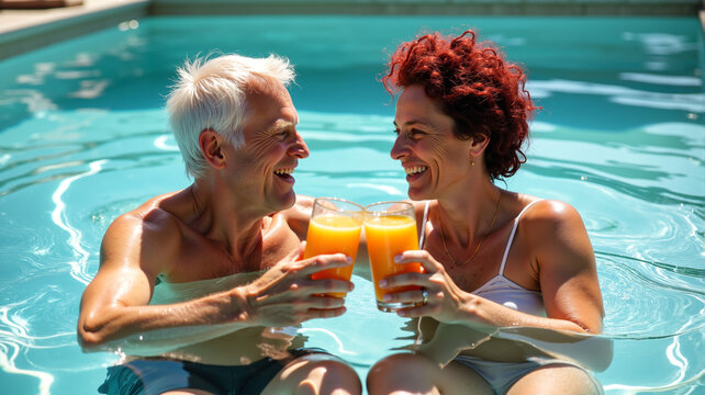 An older couple enjoys a romantic moment together in a pool, toasting with glasses of fresh orange juice. Concept of senior wellness, healthy living, and relaxation for vacation, elder care - Powered by Adobe