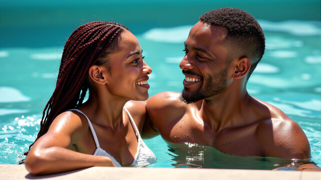Two Black people in love enjoy a serene moment together in the pool, sharing smiles and making eye contact. Concept of romance, vacation bonding, and poolside relaxation for relationship, wellness