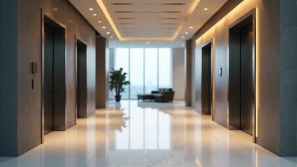 Modern elevator lobby with sleek design and city skyline views during daylight hours