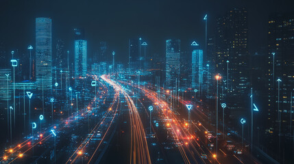 Fototapeta premium Smart digital Innovation city with connection network reciprocity over the twilight cityscape. of future smart wireless digital city and social media networking systems that connects people with city 