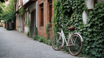 An old bicycle leans against a brick wall entangled with vibrant ivy on a quaint cobblestone street, exuding nostalgic charm.
