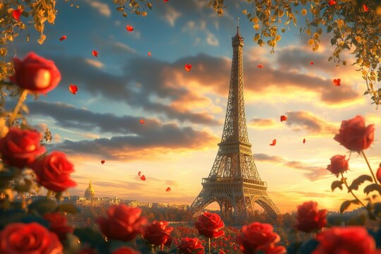 A stunning sunset view of the Eiffel Tower framed by vibrant red roses, capturing the essence of romance and the beauty of Paris at twilight in a breathtaking composition.