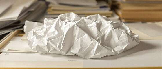 Crumpled white paper in a filing cabinet amidst other office documents, crumpled paper, desk clutter, filed documents, paper storage