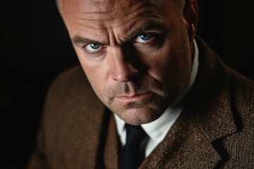 Obraz premium A striking portrait of a serious man in a brown suit, capturing his intense gaze and strong expression that conveys depth and strong emotion in an artistic light.