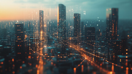 Fototapeta premium Smart digital Innovation city with connection network reciprocity over the twilight cityscape. of future smart wireless digital city and social media networking systems that connects people with city 