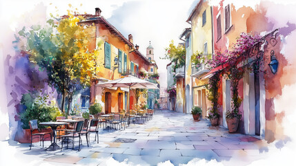Fototapeta premium Watercolor Charming street lined with blooming trees and cafes in a picturesque coastal town at sunset illustration on white background