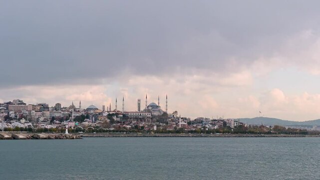 View of Fatih district from the lighthouse, Istanbul, Turkey. Sunny day. Hagia Sophia Mosque and Blue Mosque. Istanbul, Turkey - 24 November 2024