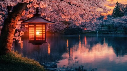 Fototapeta premium Serene Sunset at the Cherry Blossom Lake