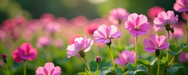 Fototapeta premium Delicate pink geranium flowers in a lush garden, flower field, flowers in garden