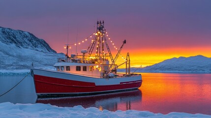 Arctic fishing boat sunset harbor snowy mountains