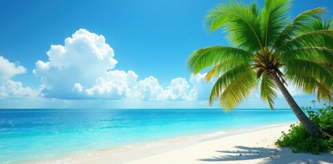 Lush coconut palms sway on a serene blue horizon , sea, tropical