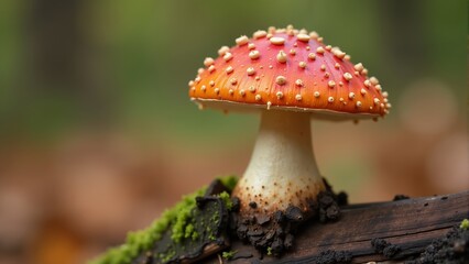 Vibrant red mushroom stands tall among fallen leaves in a quiet forest