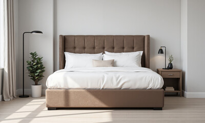 A modern guest bedroom with a comfortable bed featuring a mocha mousse velvet headboard, dressed in soft white linens. The room has